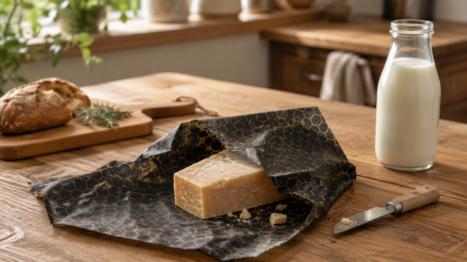 Bienenwachstuch wickelt Käse ein